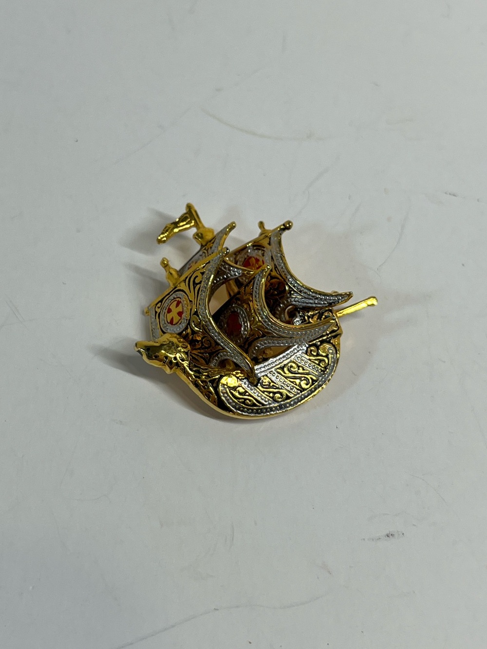 Vintage Spanish Galleon Ship Pin Brooch Gold Tone Toledo Damascene Spain Boat